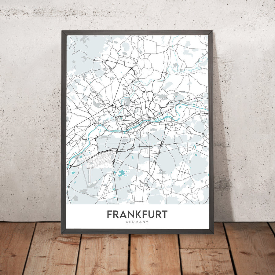 Modern City Map of Frankfurt, Germany: Bahnhofsviertel, Commerzbank Tower, Frankfurt Cathedral, Main River, Sachsenhausen