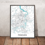 Mapa moderno de la ciudad de Friburgo, Suiza: Altstadt, Cathédrale Saint-Pierre, Jet d'Eau, Palais des Nations, Parc des Eaux-Vives