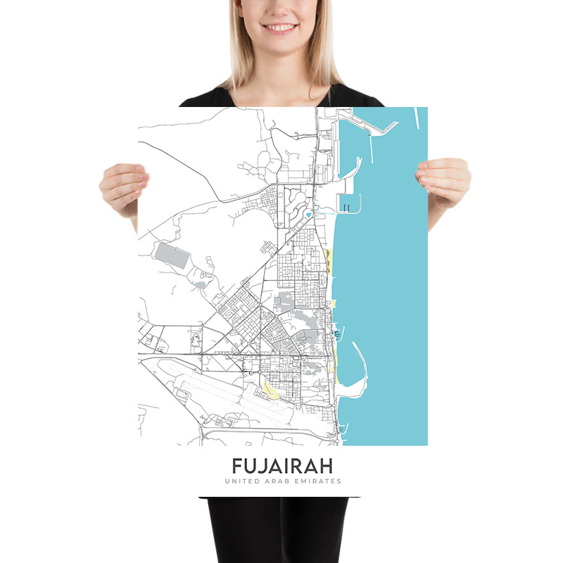 Mapa moderno de la ciudad de Fujairah, Emiratos Árabes Unidos: fuertes, museos y costa