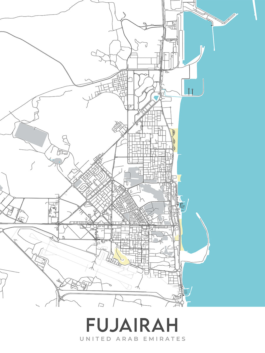 Mappa della città moderna di Fujairah, UAE: Forti, Musei, Costa 