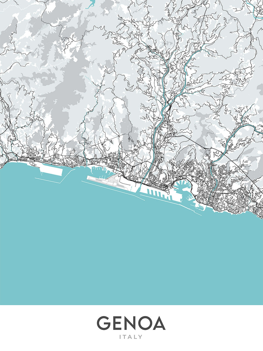 Mapa moderno de la ciudad de Génova, Italia: Castelletto, Foce, Marassi, Oregina, Pegli