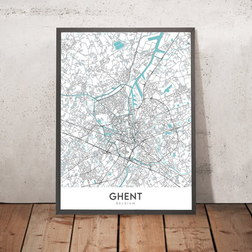 Mapa moderno de la ciudad de Gante, Bélgica: campanario, castillo, catedral, Gravensteen, Korenmarkt