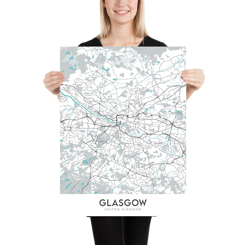 Mappa della città moderna di Glasgow, Regno Unito: Cattedrale, Università, Necropoli, Verde, Centro della Scienza 