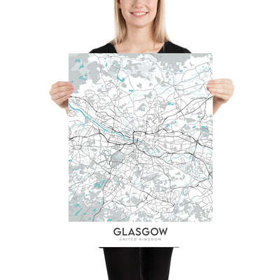 Plan de la ville moderne de Glasgow, Royaume-Uni : Cathédrale, Université, Nécropole, Vert, Centre scientifique