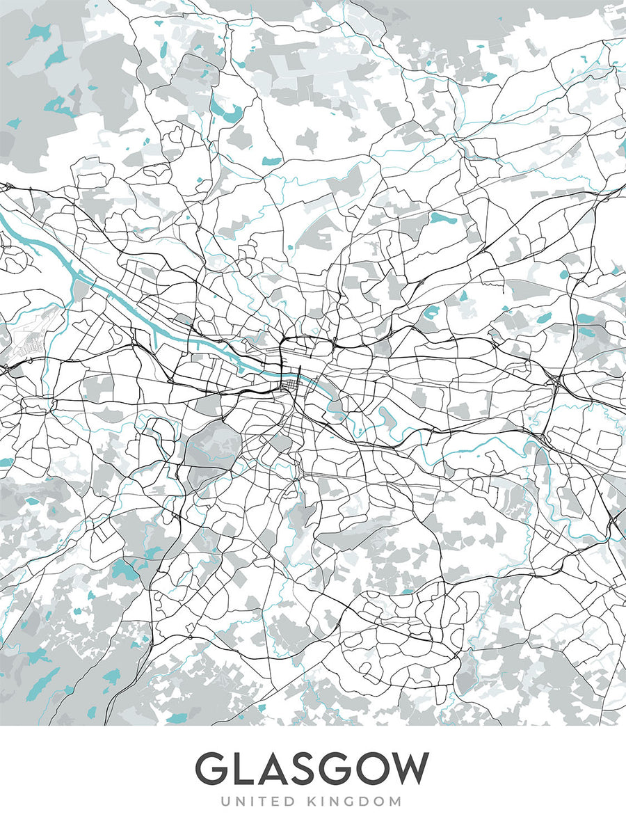 Mappa della città moderna di Glasgow, Regno Unito: Cattedrale, Università, Necropoli, Verde, Centro della Scienza 