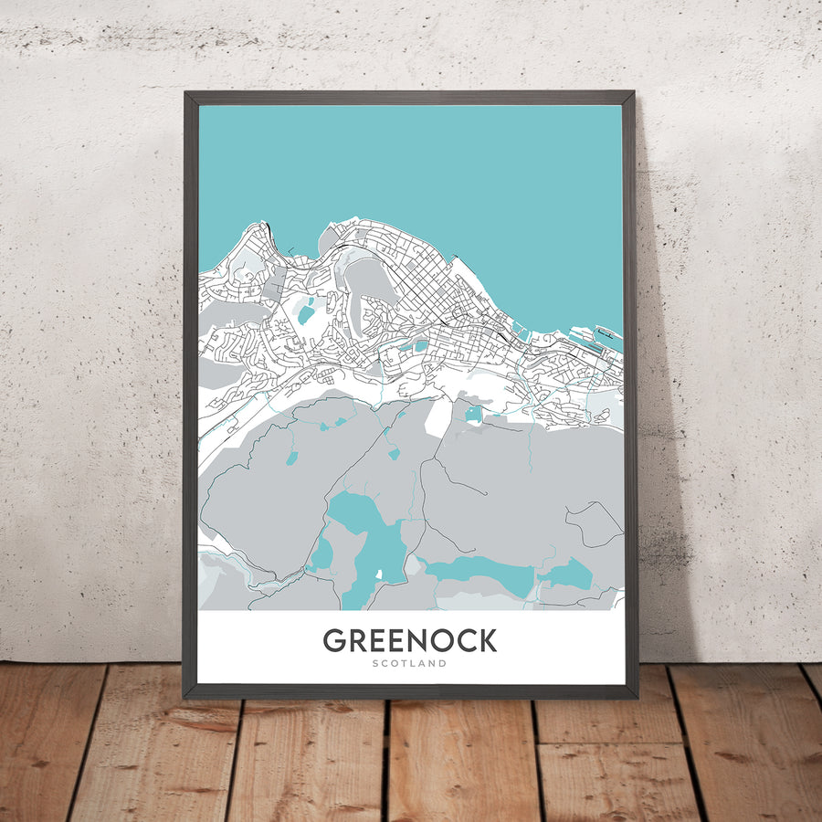 Mappa moderna della città di Greenock, Scozia: Centro città, Lyle Hill, A78, Custom House, Battery Park 