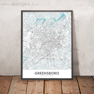 Mappa della città moderna di Greensboro, NC: Centro, Coliseo, Università, I-40, I-85 