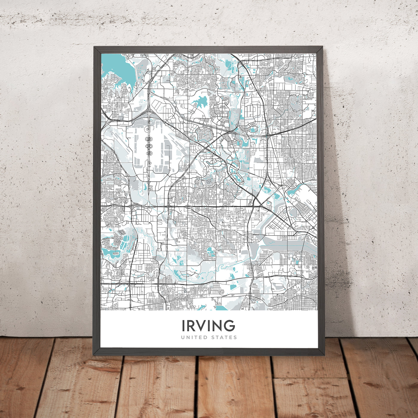 Moderner Stadtplan von Irving, TX: Las Colinas, Toyota Music Factory, Mustangs, Mandalay Canal, Irving Mall