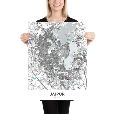Modern City Map of Jaipur, Rajasthan: Pink City, Hawa Mahal, MI Road, JLN Marg, City Palace