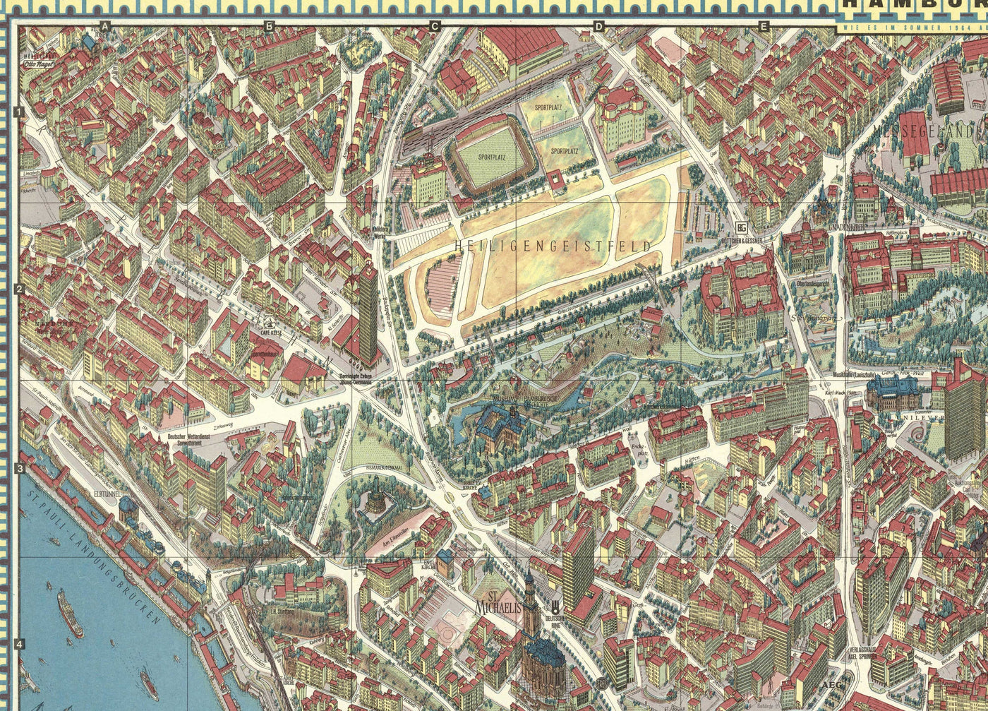 Mapa antiguo de Hamburgo en 1964 por Hermann Bollman - Binnenalster, Alster Lakes, Heiligengeistfeld, Planten un Blomen, Central Station