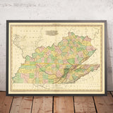 Alte Karte von Kentucky und Tennessee von H.S. Tanner, 1820, mit Nashville, Louisville, Lexington, Knoxville und Chattanooga 