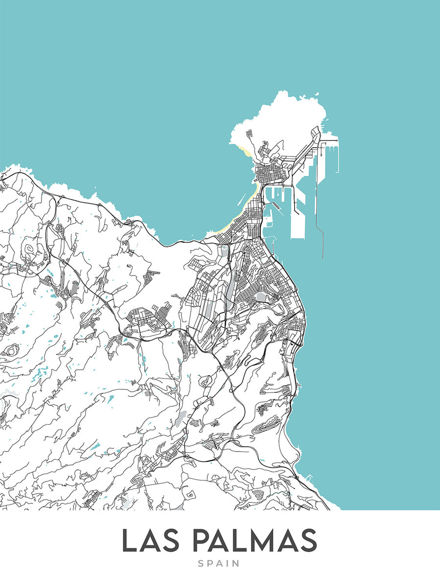 Modern City Map of Las Palmas, Spain: Vegueta, Triana, Ciudad Jardín, Cathedral of Santa Ana, Playa de Las Canteras