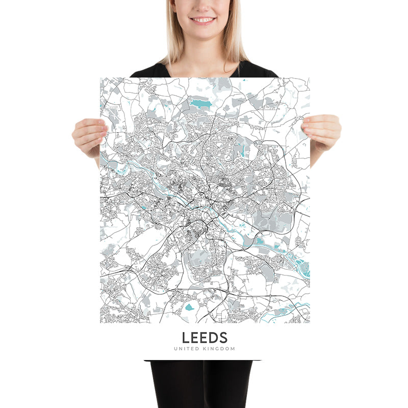 Modern City Map of Leeds, UK: City Centre, Art Gallery, Town Hall, Kirkgate Market, Grand Theatre