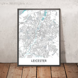 Mapa moderno de la ciudad de Leicester, Reino Unido: centro de la ciudad, universidad, catedral, castillo, centro espacial