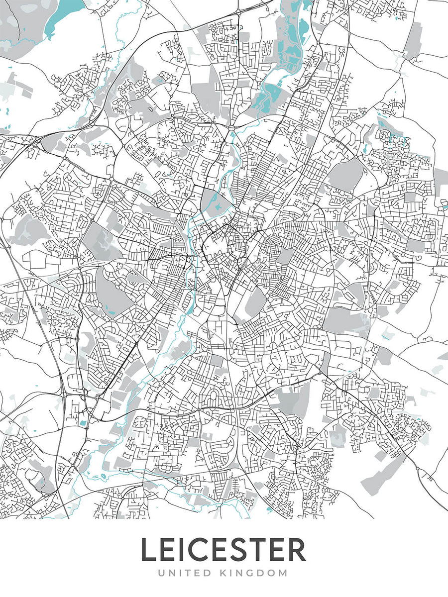 Modern City Map of Leicester, UK: City Centre, University, Cathedral, Castle, Space Centre