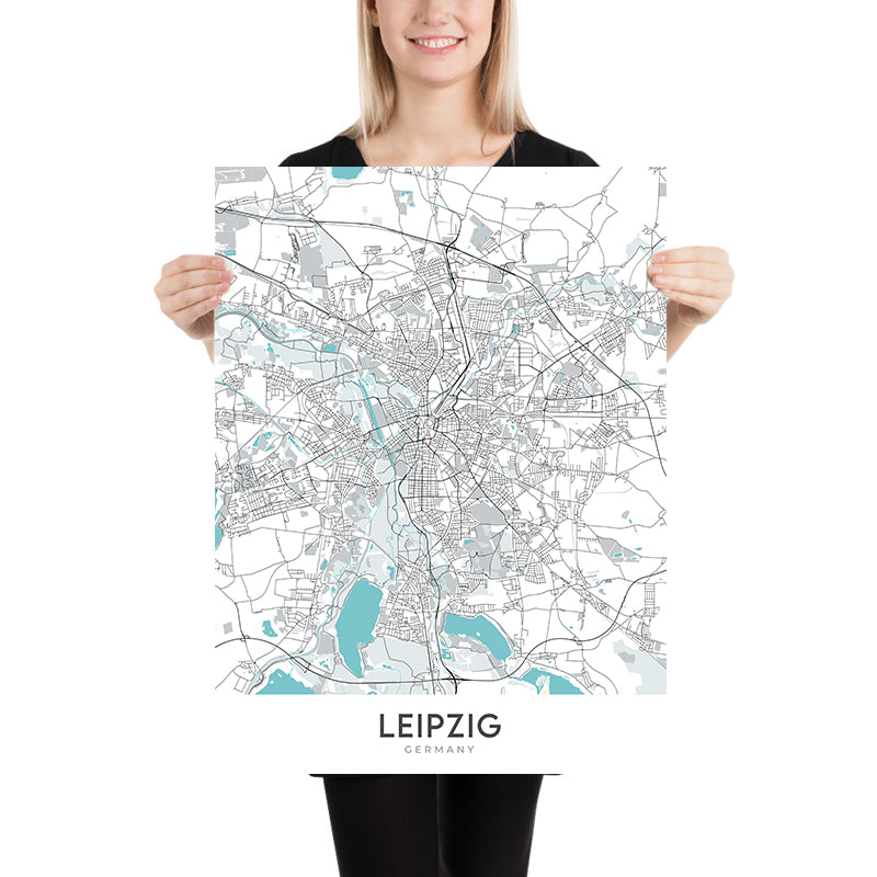 Mappa moderna della città di Lipsia, Germania: Centro, Stazione Centrale di Lipsia, Autostrada Federale 9, Università di Lipsia, Chiesa di San Tommaso 