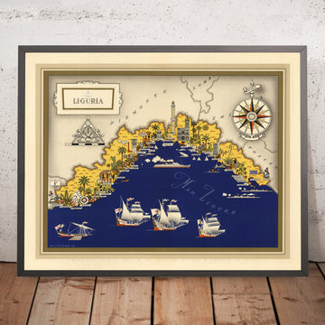 Mappa Pittorica Antica della Liguria di De Agostini, 1938: Genova, La Spezia, Cinque Terre, Riviera Italiana, Alpi Marittime 