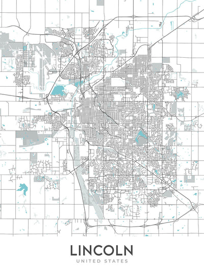 Modern City Map of Lincoln, NE: University of Nebraska, Sunken Gardens, Haymarket Park, Interstate 80, Interstate 180