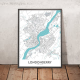 Mapa moderno de la ciudad de Londonderry, Irlanda del Norte: Bogside, Brandywell, Puente Craigavon, Puente Foyle, Guildhall 