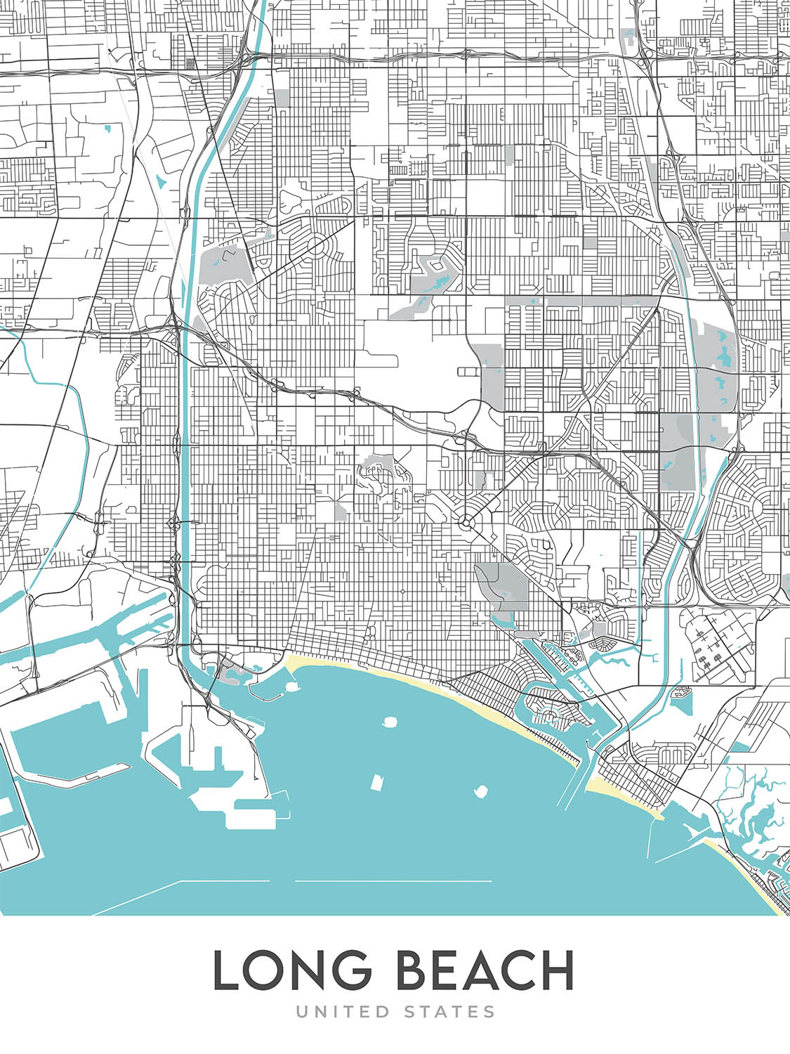 Moderner Stadtplan von Long Beach, Kalifornien: Innenstadt, Aquarium, Pike Outlets, Queen Mary, Shoreline Village
