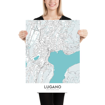 Mapa moderno de la ciudad de Lugano, Suiza: Lago de Lugano, Monte Brè, Monte San Salvatore, Swissminiatur, Catedral de San Lorenzo