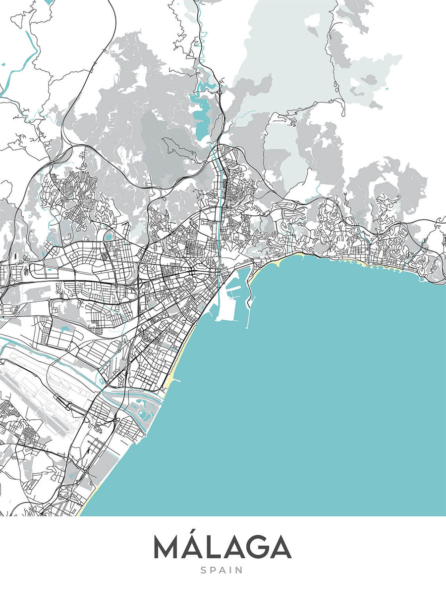 Plan de la ville moderne de Malaga, Espagne : cathédrale, théâtre romain, château de Gibralfaro, quartier historique, quartier des affaires moderne