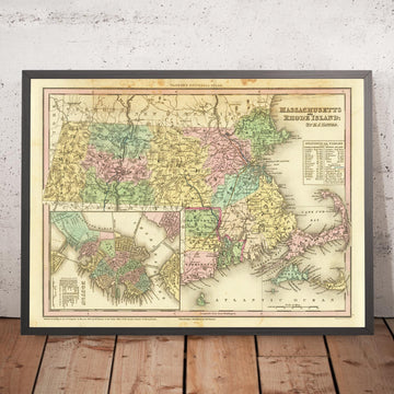Ancienne carte du Massachusetts et du Rhode Island par H. S. Tanner, 1836 : Boston, Worcester, Providence, Springfield, Cambridge