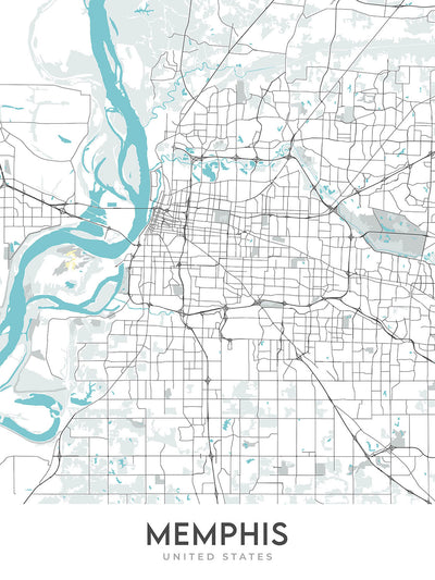 Plan de la ville moderne de Memphis, Tennessee : centre-ville, Graceland, FedEx Forum, I-40, I-240