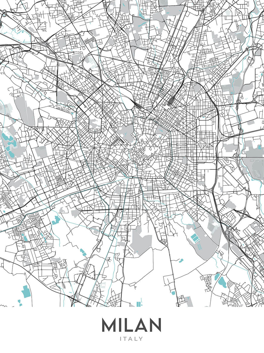 Mapa moderno de la ciudad de Milán, Italia: Duomo, Galleria, Castello, Navigli, Brera
