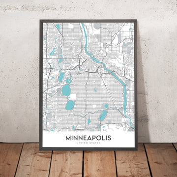 Mapa moderno de la ciudad de Minneapolis, MN: U of M, TCF Bank Stadium, Walker Art Center, Nicollet Mall, Mississippi River