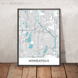 Mappa della città moderna di Minneapolis, MN: U di M, Stadio TCF Bank, Walker Art Center, Nicollet Mall, Fiume Mississippi 