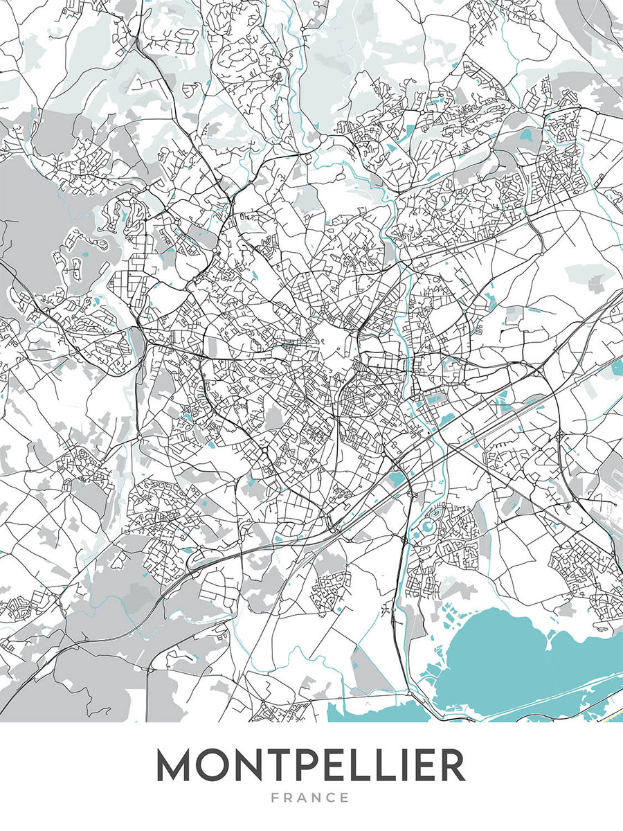 Mapa moderno de la ciudad de Montpellier, Francia: Antígona, Bellas Artes, Cathédrale Saint-Pierre, Opéra Comédie, Place de la Comédie
