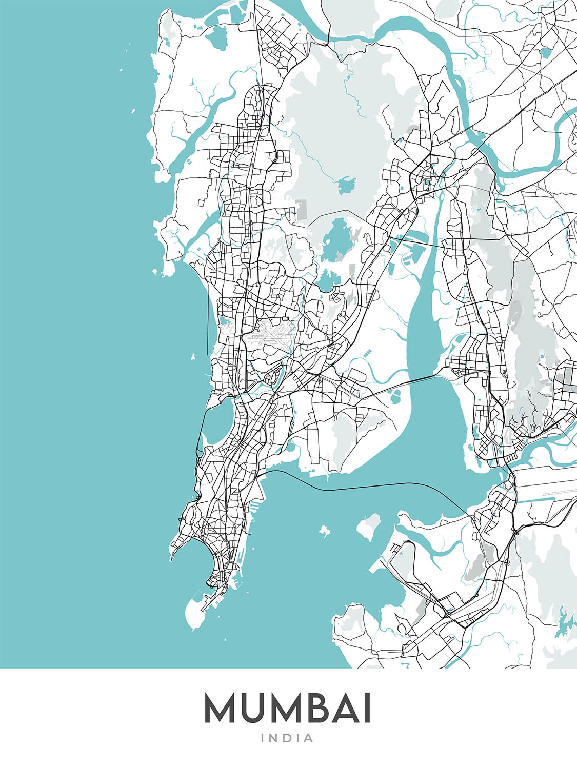 Modern City Map of Mumbai, India: Colaba, Marine Drive, Bandra-Worli Sea Link, Juhu Beach, Powai Lake
