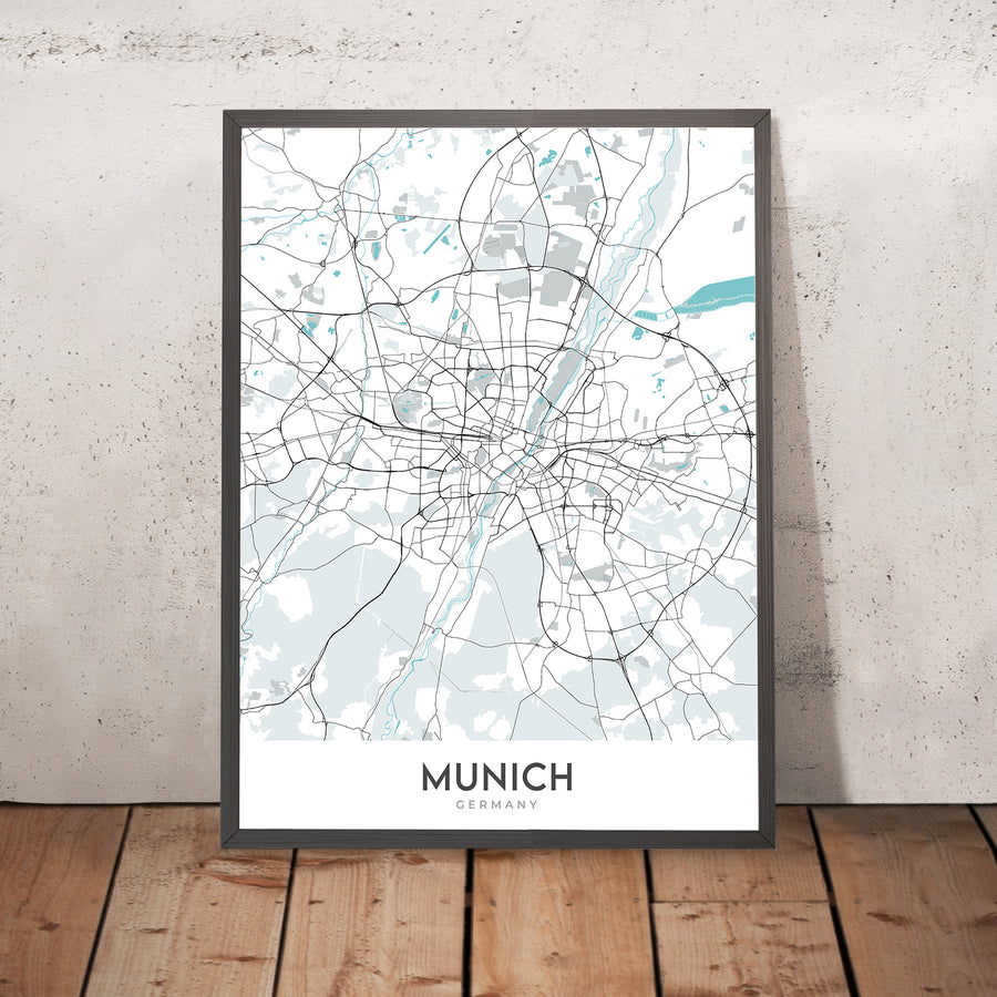 Modern City Map of Munich, Germany: Altstadt, Marienplatz, Englischer Garten, Allianz Arena, Isar River