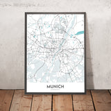 Mapa moderno de la ciudad de Múnich, Alemania: Altstadt, Marienplatz, Englischer Garten, Allianz Arena, río Isar