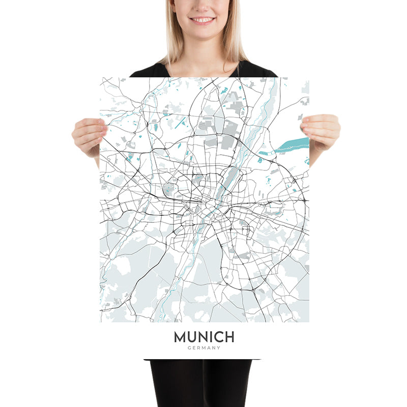 Modern City Map of Munich, Germany: Altstadt, Marienplatz, Englischer Garten, Allianz Arena, Isar River