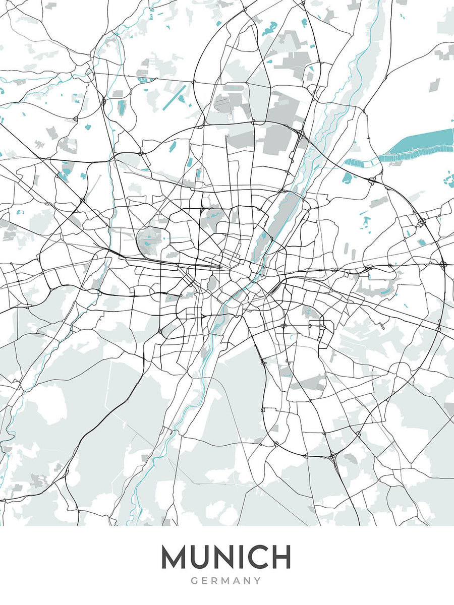 Modern City Map of Munich, Germany: Altstadt, Marienplatz, Englischer Garten, Allianz Arena, Isar River