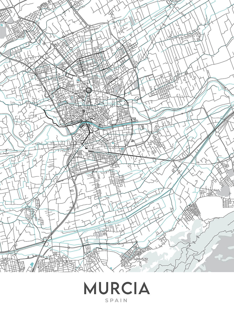 Mapa moderno de la ciudad de Murcia, España: catedral, casino, teatro, plaza, calles