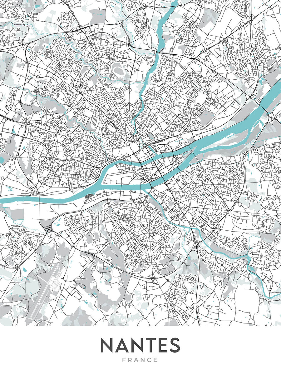 Moderne Stadtkarte von Nantes, Frankreich: Zentrum, Schloss, Kathedrale, Île de Nantes, Maschinen 