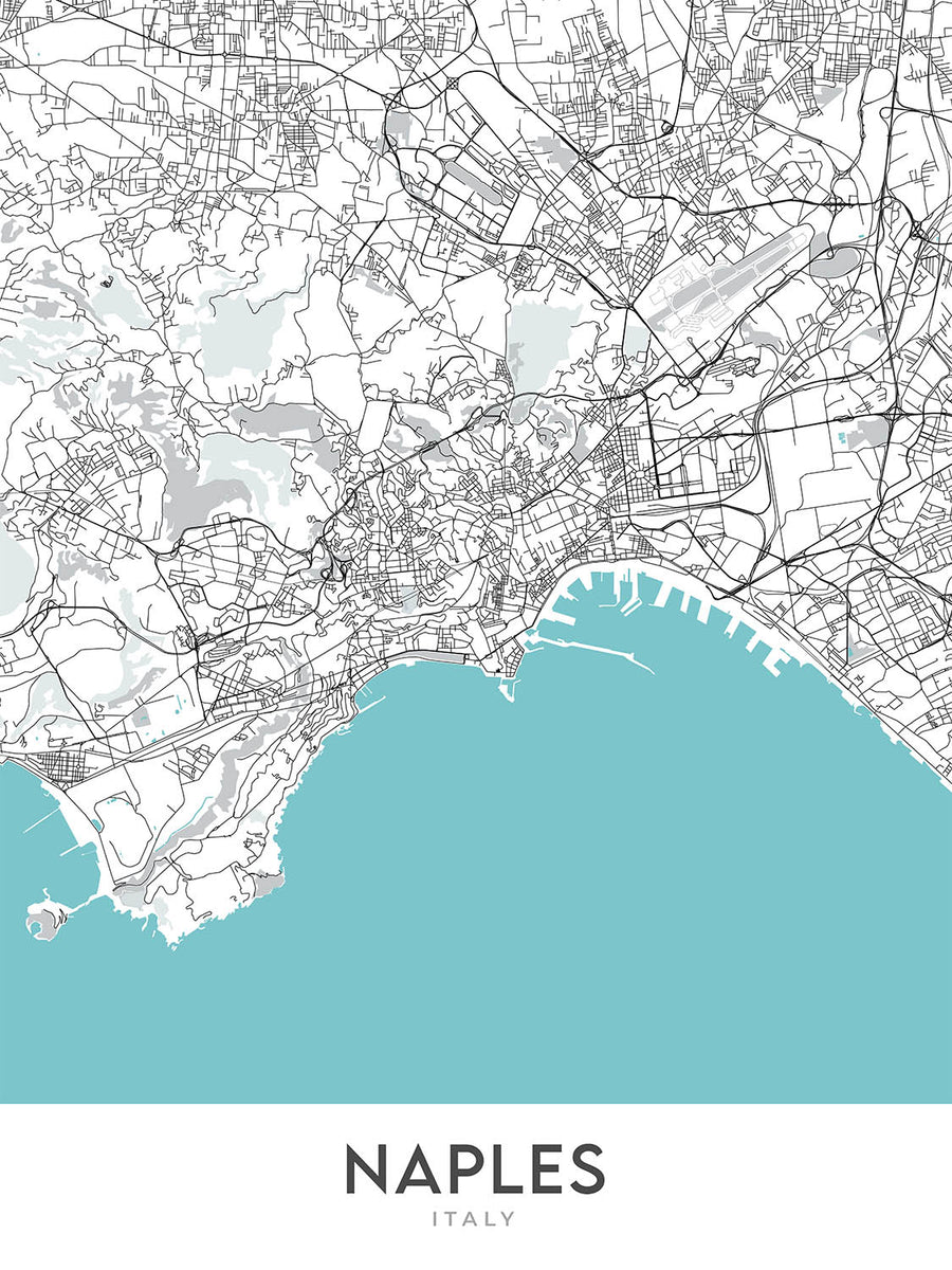 Modern City Map of Naples, Italy: Chiaia, Castel Nuovo, Galleria Umberto I, Posillipo, San Carlo Theatre