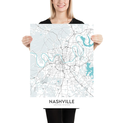 Mapa moderno de la ciudad de Nashville, TN: centro, Music City Center, Vanderbilt, Germantown, Shelby Park
