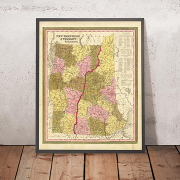 Mappa antica del New Hampshire e del Vermont di H. S. Tanner, 1840 che presenta Manchester, Nashua, Concord, Burlington e South Burlington 