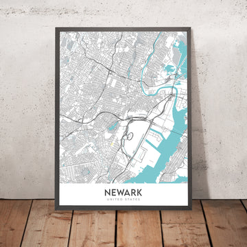 Moderne Stadtkarte von Newark, NJ: Innenstadt, Flughafen (EWR), Ironbound, Prudential Center, Rutgers, New Jersey Turnpike 