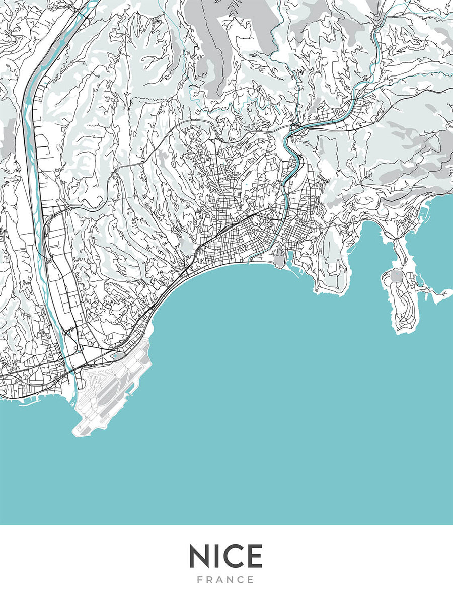 Plan de la ville moderne de Nice, France : vieille ville, colline du château, promenade des Anglais, port, cathédrale
