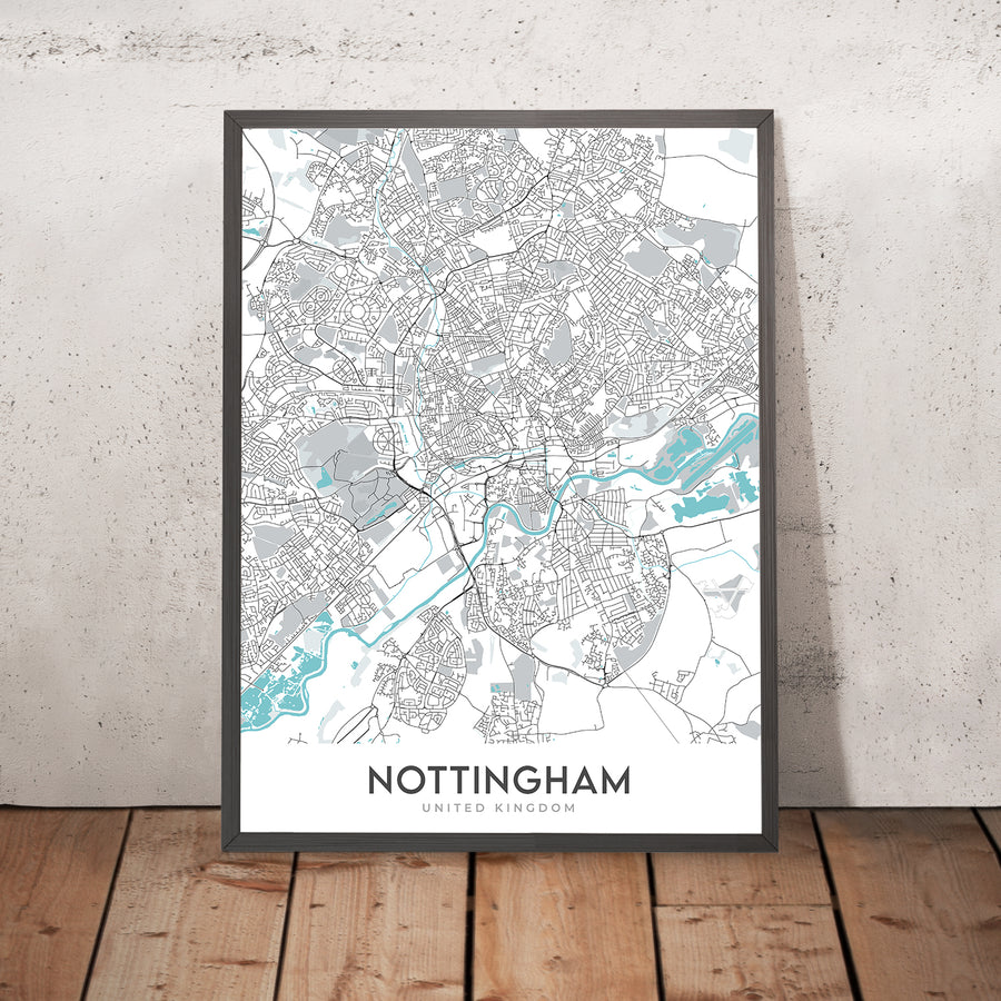 Mappa della città moderna di Nottingham, Regno Unito: Centro città, Castello, Cattedrale, Ponte Trent, Foresta di Sherwood 