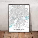 Mapa moderno de la ciudad de Nottingham, Reino Unido: centro de la ciudad, castillo, catedral, puente de Trent, bosque de Sherwood