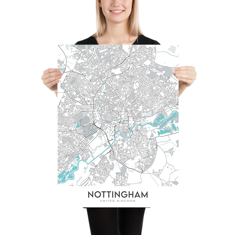 Mappa della città moderna di Nottingham, Regno Unito: Centro città, Castello, Cattedrale, Ponte Trent, Foresta di Sherwood 
