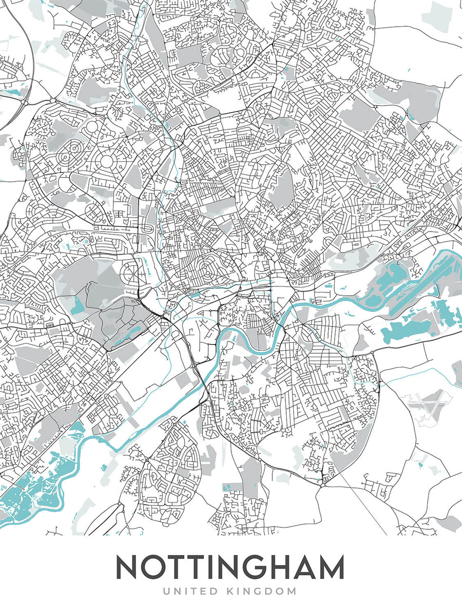 Mappa della città moderna di Nottingham, Regno Unito: Centro città, Castello, Cattedrale, Ponte Trent, Foresta di Sherwood 