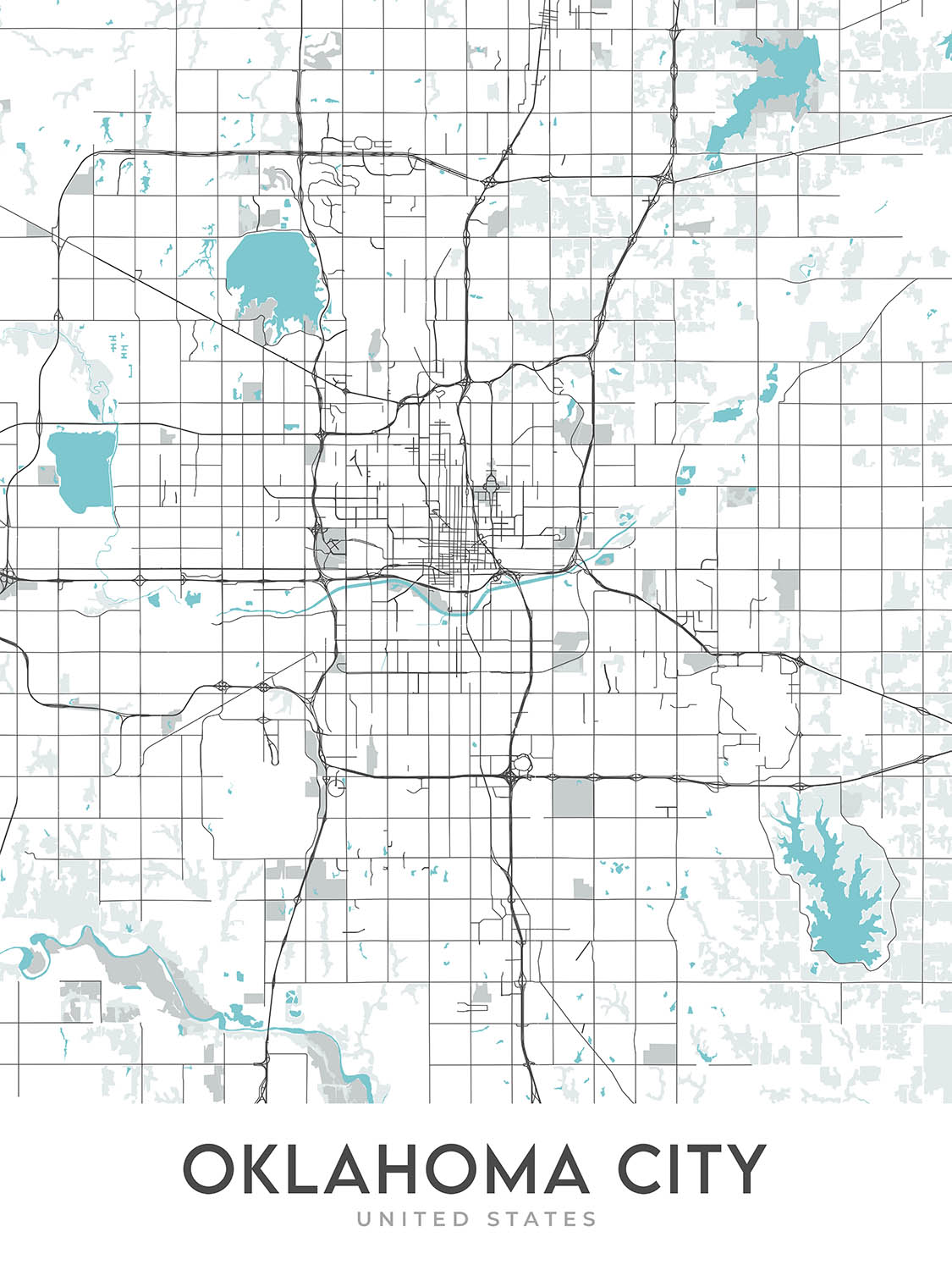 Mapa moderno de la ciudad de Oklahoma City, OK: Centro, Bricktown, Paseo, Midtown, Capitol