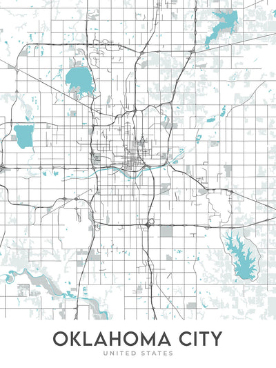 Mapa moderno de la ciudad de Oklahoma City, OK: Centro, Bricktown, Paseo, Midtown, Capitol
